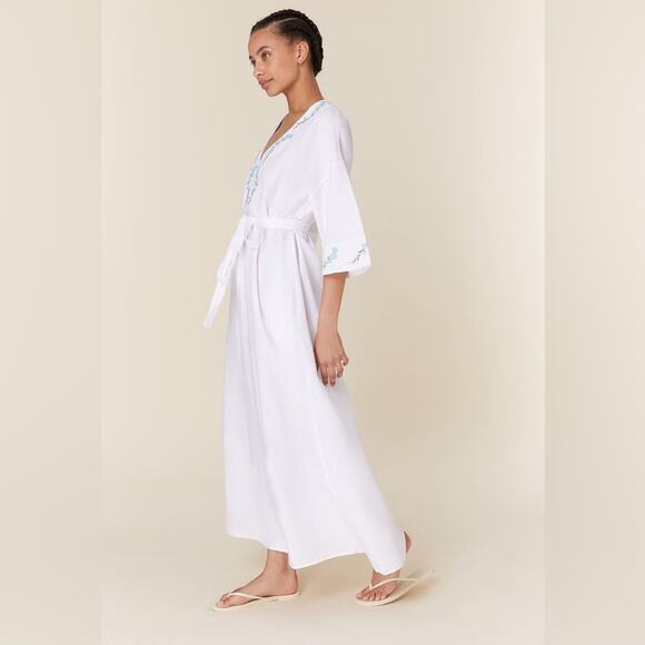 NWT Fanm Mon x Andie Kepez Kaftan Embroidered Dress White 100% Linen Size Medium - Picture 1 of 13